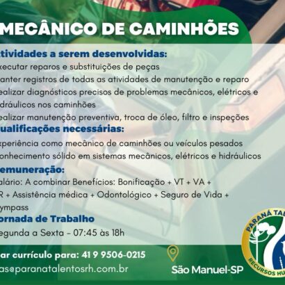 Thumbnail for Vaga para MECÂNICO DE CAMINHÕES em São Manuel-SP